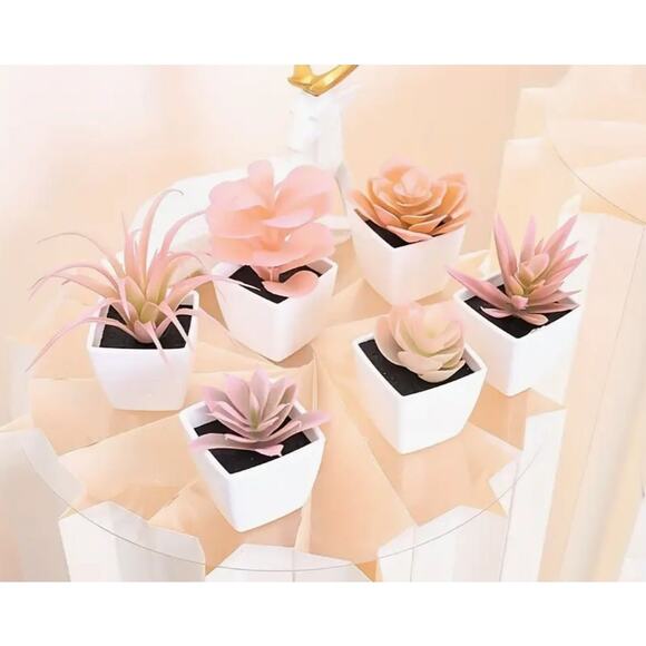 Mini Fake Faux Artificial Pink Succulent Potted Plant in Plastic White Pot - GUC - Picture 9 of 11